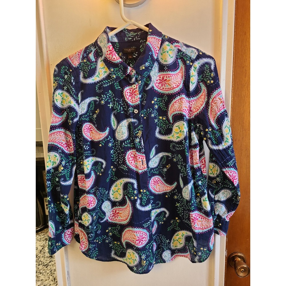 Talbots  button-down shirt in a navy blue and multi-color paisley print.  L-P